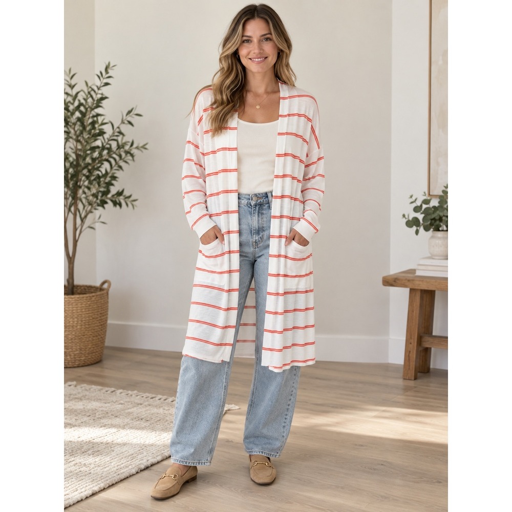 Cabi White Orange Striped Longline Duster Cardigan Pockets Size L